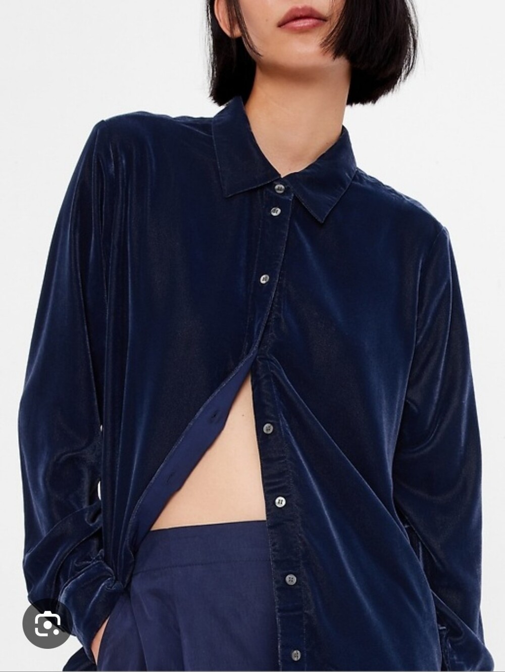 Oversized Velvet Button-Up Blouse - Navy Blue